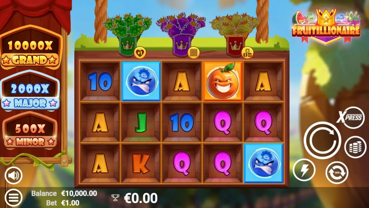 Fruitillionaire slot game display showing angry fruit characters and golden coins