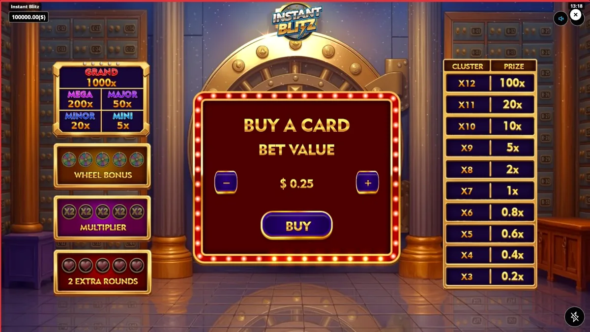 Tampilan visual slot Instant Blitz dengan tema brankas neon dan simbol emas
