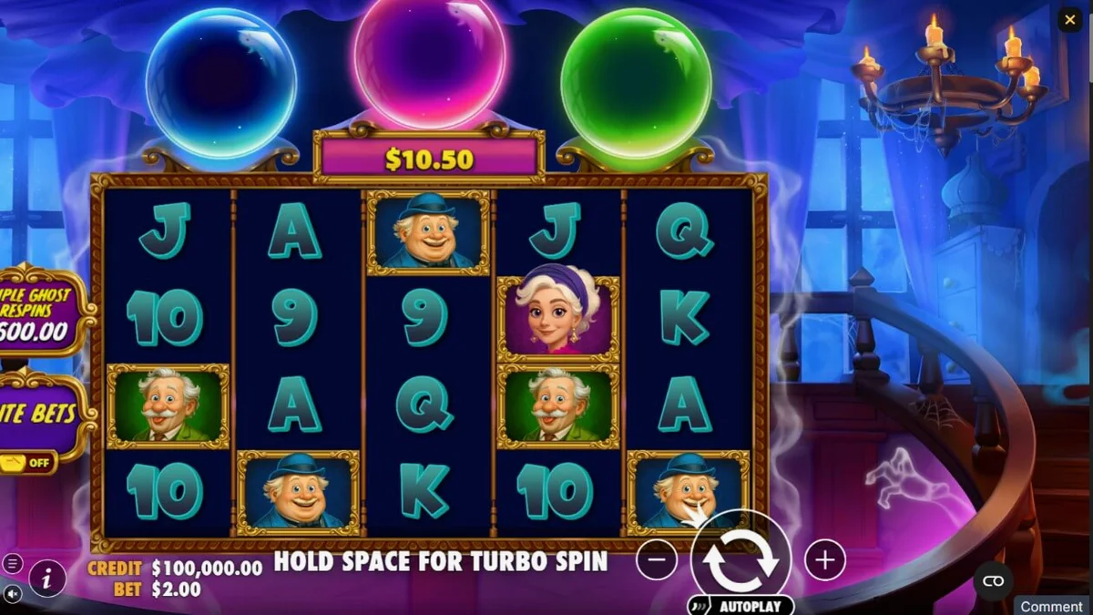 Tampilan visual slot Great Ghosts dengan tema rumah hantu kartun