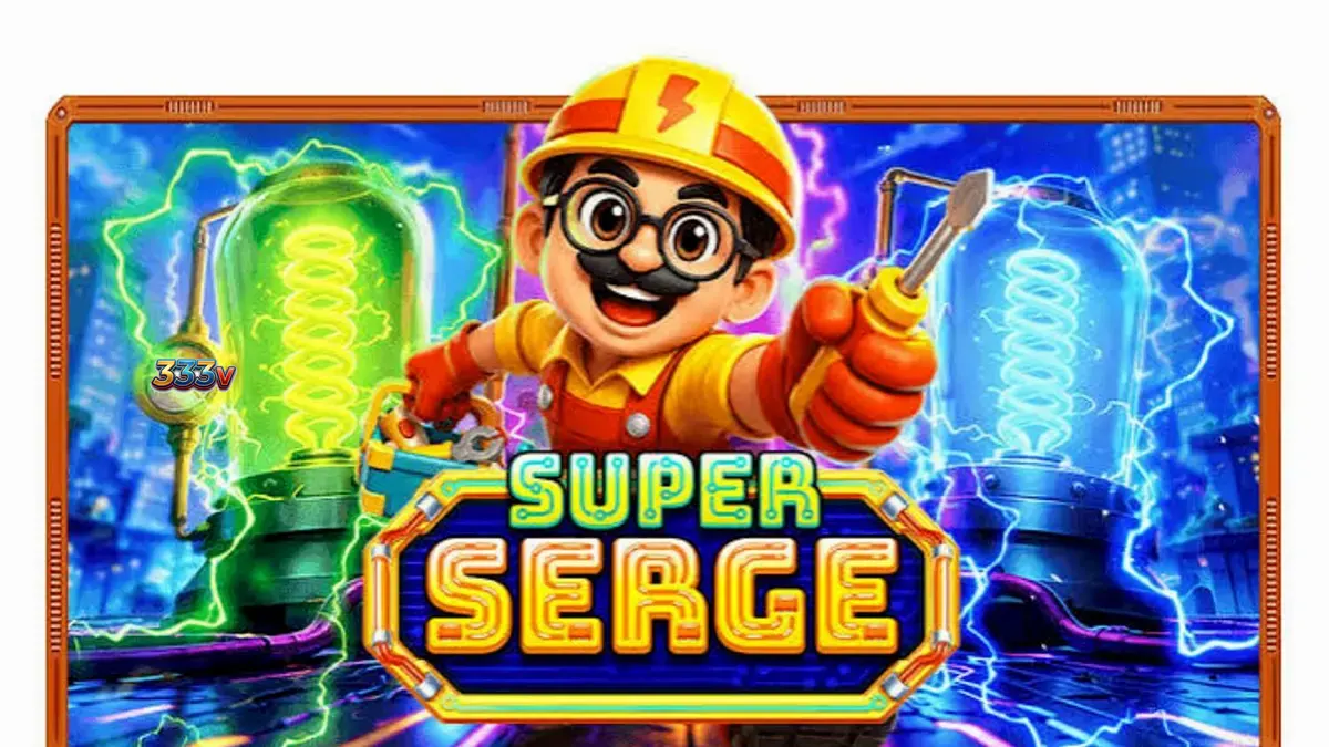 Tampilan visual slot Super Serge dengan tema teknisi listrik futuristik dan elemen neon.